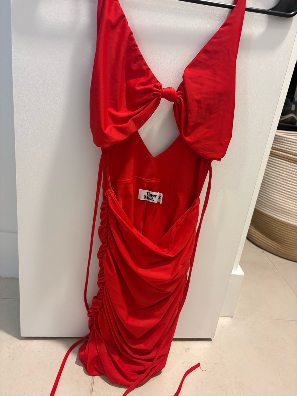 Tiger Mist Red Backless Knot-Front Ruched Maxi Dress